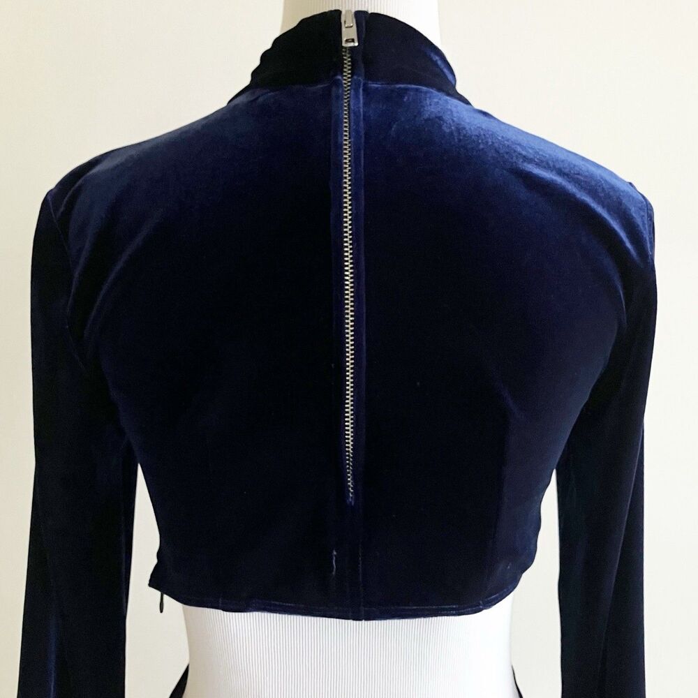 Ronny Kobo Navy Velvet Midi Dress XS Long Sleeve Cutout Mock Neck Party Cocktail - Picture 6 of 8
